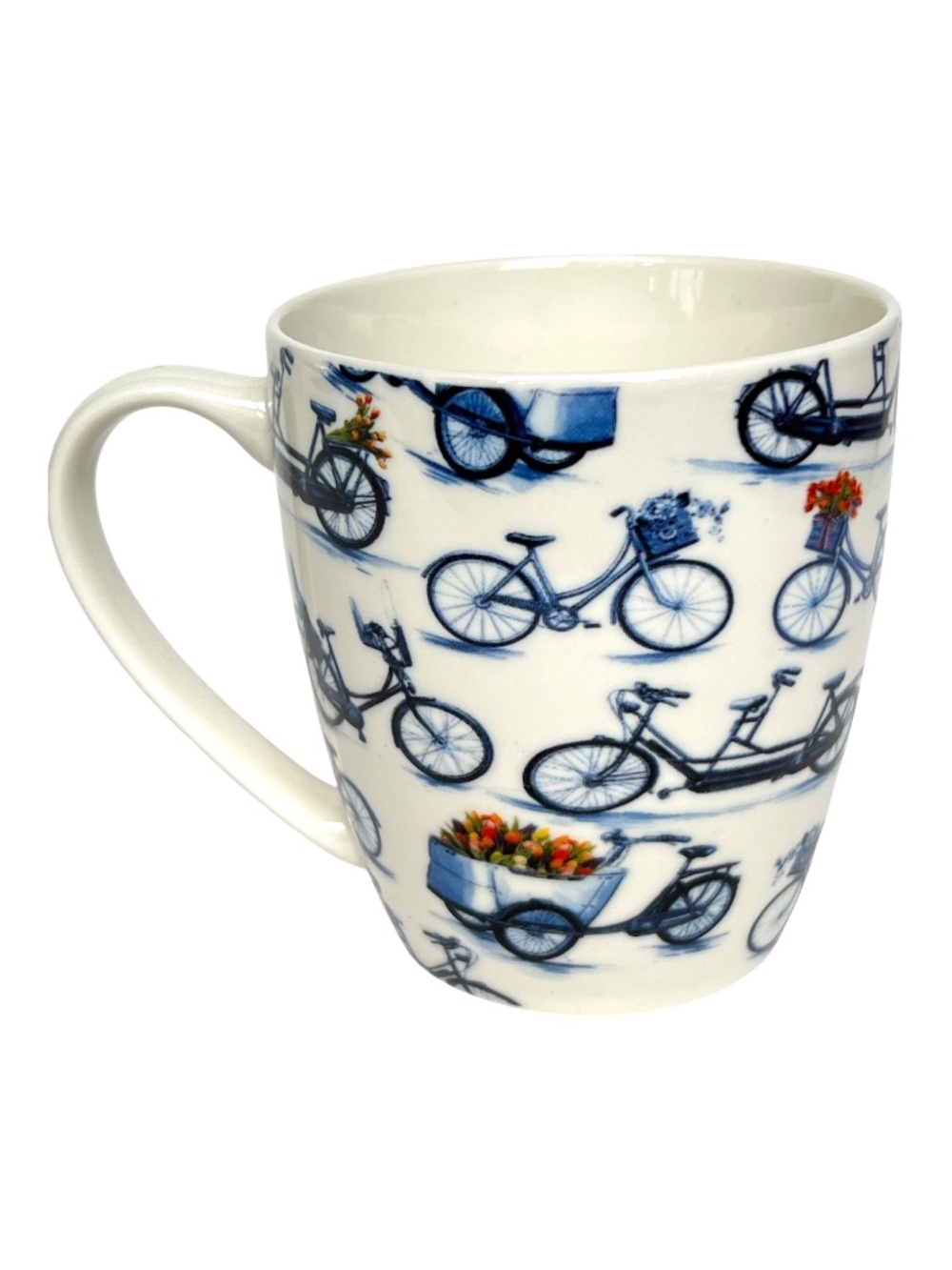 Heinen Delfts Blauw.Mug White w. Blue Bicycles Holds 8 ozs 3 1/2" Tall